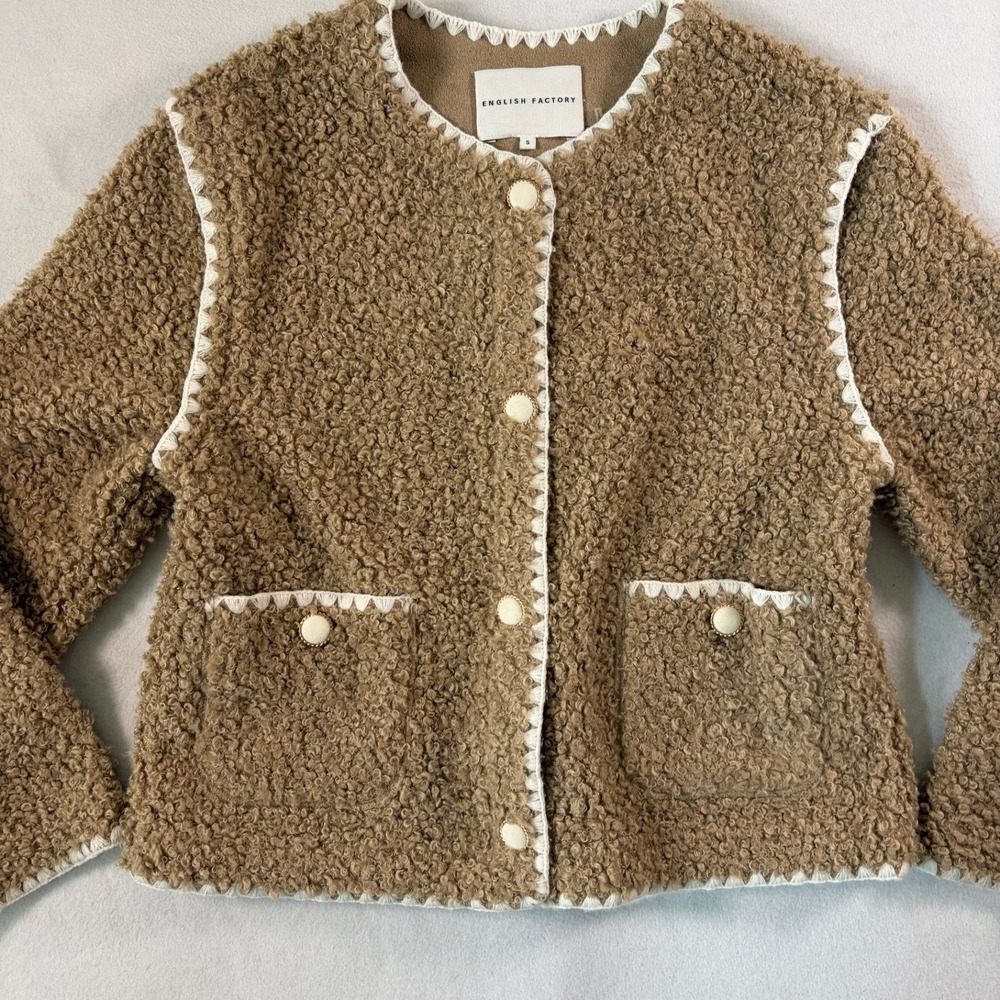 English Factory Boucle Jacket Tan Brown Crochet Trim Cottagecore Small